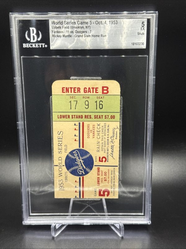 1953 World Series Ticket GAME 5 MICKEY MANTLE GRAND SLAM YANKEES Beckett 5 EX