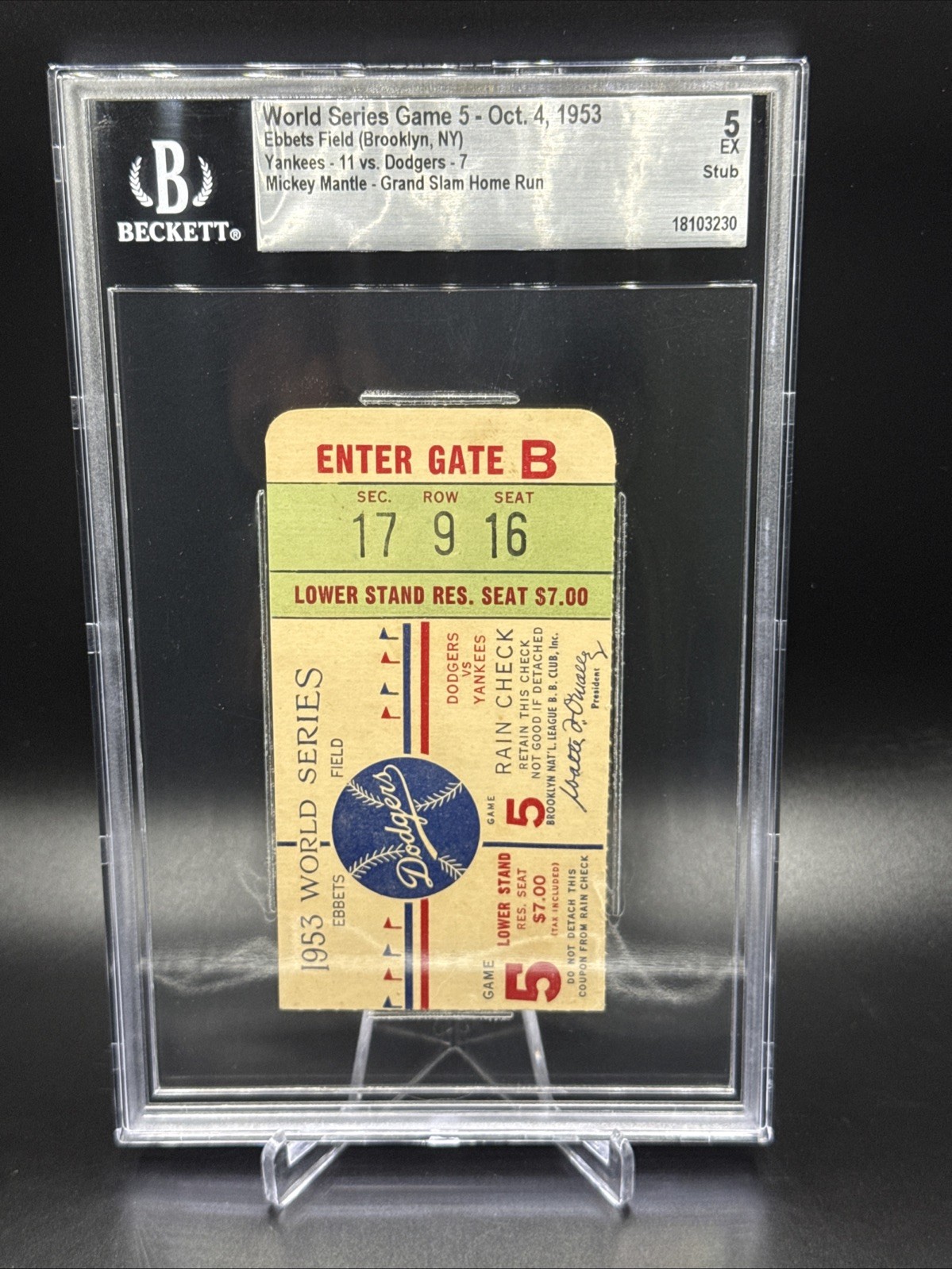 1953 World Series Ticket GAME 5 MICKEY MANTLE GRAND SLAM YANKEES Beckett 5 EX