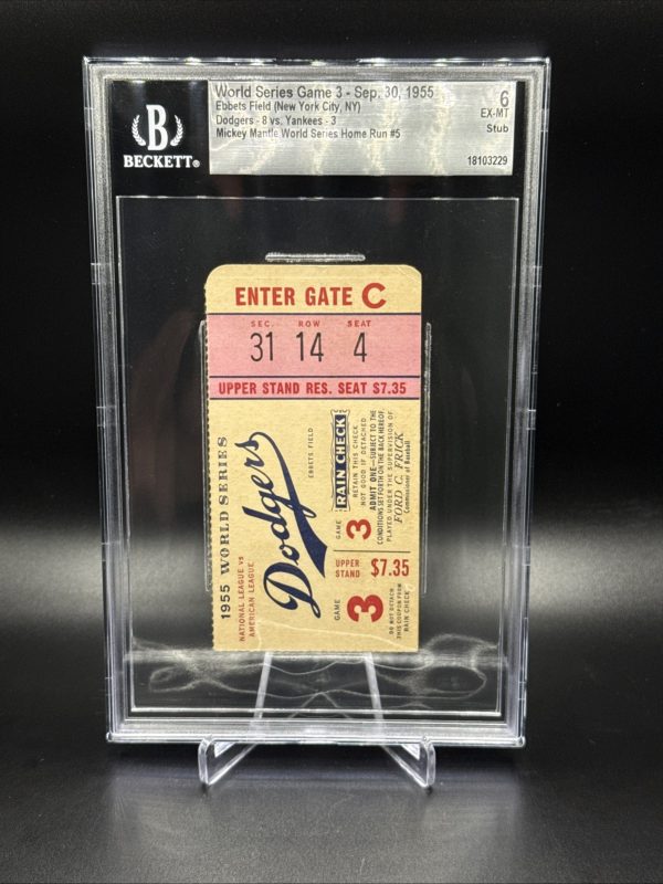 1955 World Series Game 3 Ticket Dodgers Yankees Mantle WS HR#5 Beckett 6 EX-MT