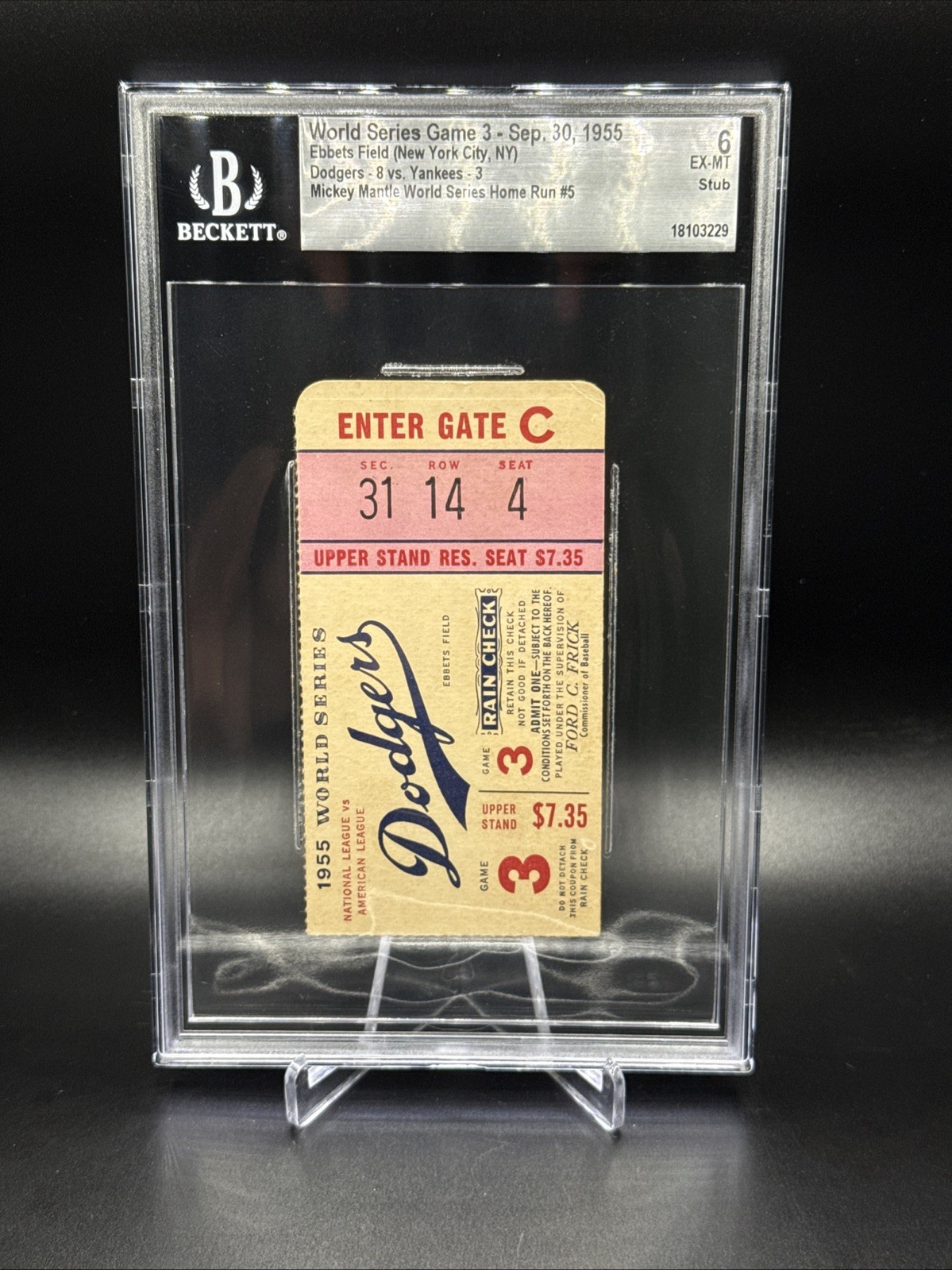 1955 World Series Game 3 Ticket Dodgers Yankees Mantle WS HR#5 Beckett 6 EX-MT