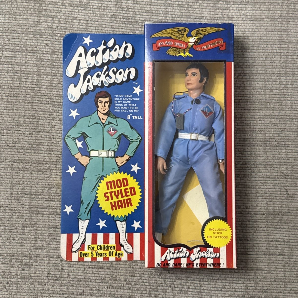 1971 MEGO ACTION JACKSON 8" FIGURE NEW IN BOX w/ included tattoos