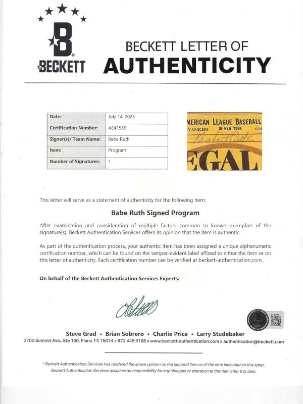 1939 Babe Ruth Multi-Signed New York Yankees Program PSA/DNA Gem Mint 10 Auto