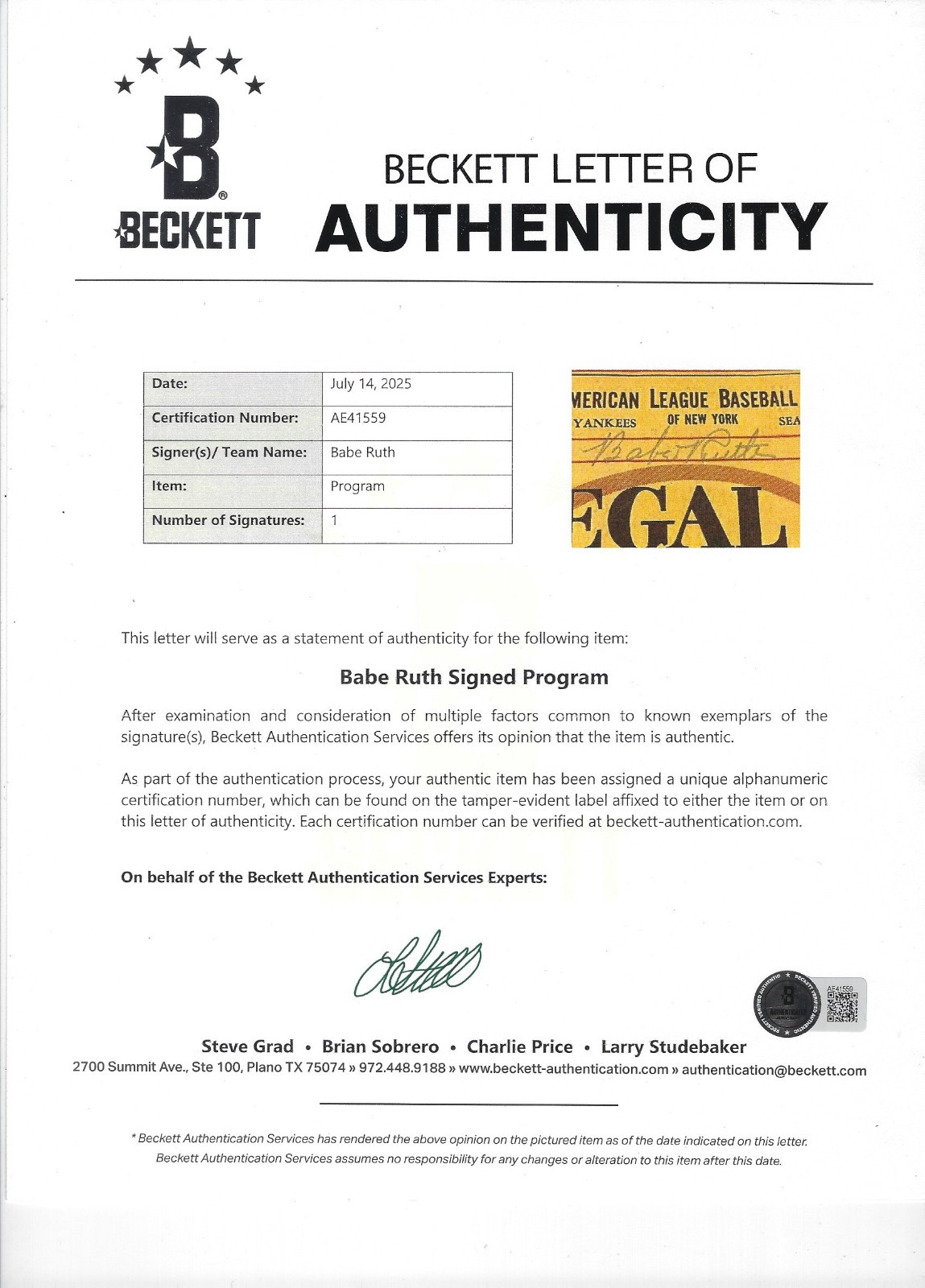 1939 Babe Ruth Multi-Signed New York Yankees Program PSA/DNA Gem Mint 10 Auto