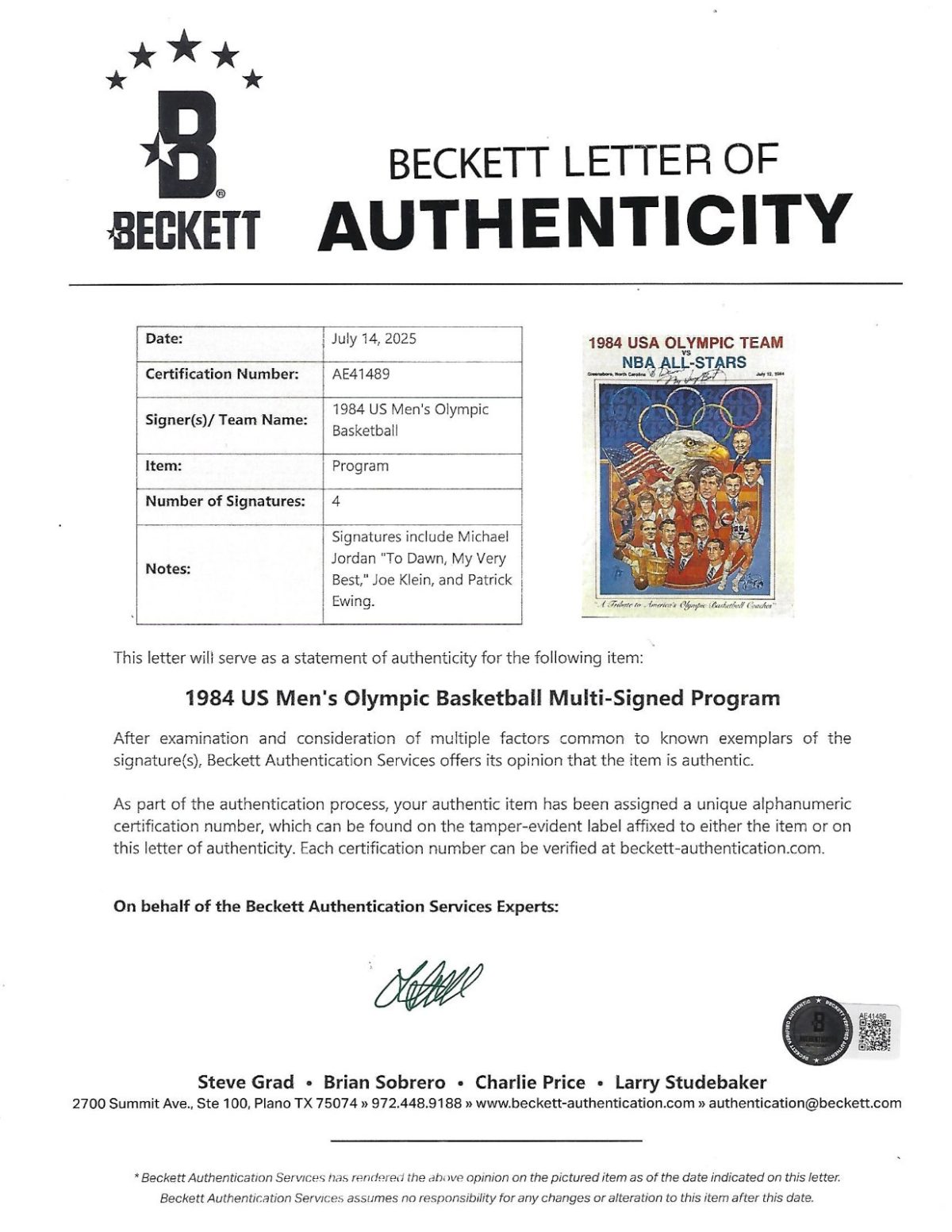 1984 Michael Jordan Signed USA Olympic Team vs. NBA All-Stars Program & Ticket