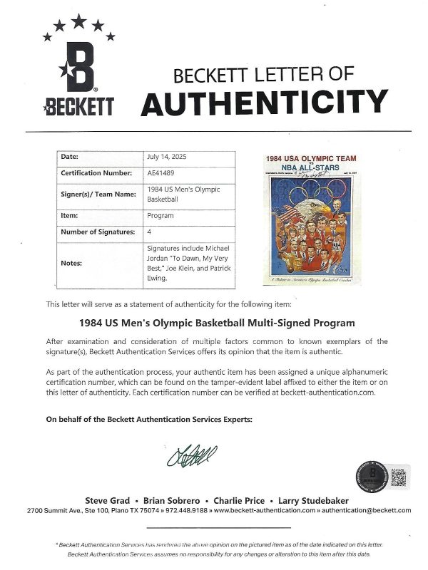 1984 Michael Jordan Signed USA Olympic Team vs. NBA All-Stars Program & Ticket