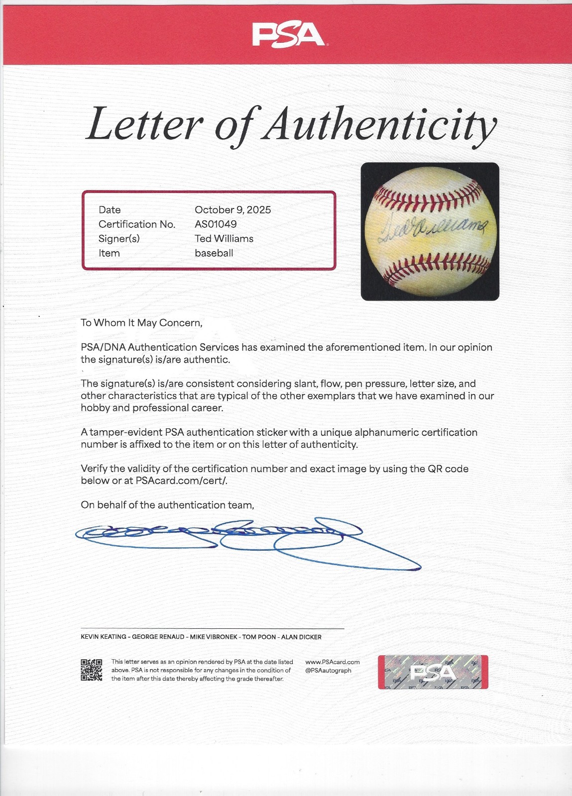 Ted Williams Signed Autographed Official 1979 50th All Star Game Baseball PSA