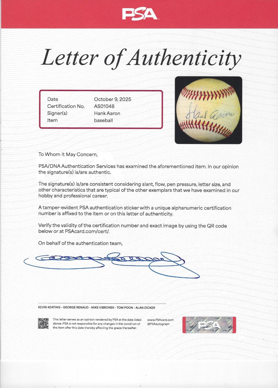 Hank Aaron Signed Autographed Official 1979 50th All Star Game Baseball PSA LOA