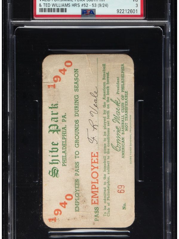 1940 Philadelphia A's Season Pass, PSA VG 3 - Jimmie Foxx 500 Home Run Season