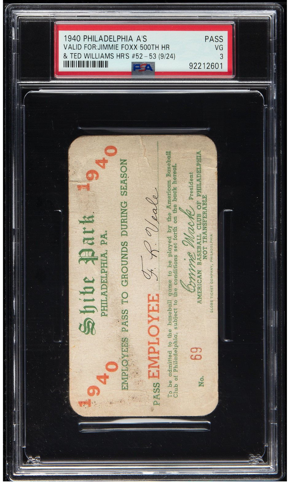 1940 Philadelphia A's Season Pass, PSA VG 3 - Jimmie Foxx 500 Home Run Season