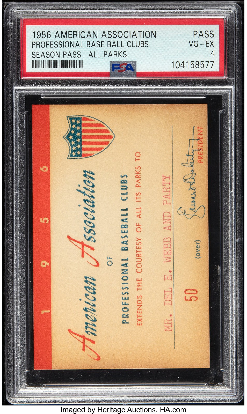 1956 American Association Season Pass, PSA VG-EX 4 - Roger Maris Jackie Robinson