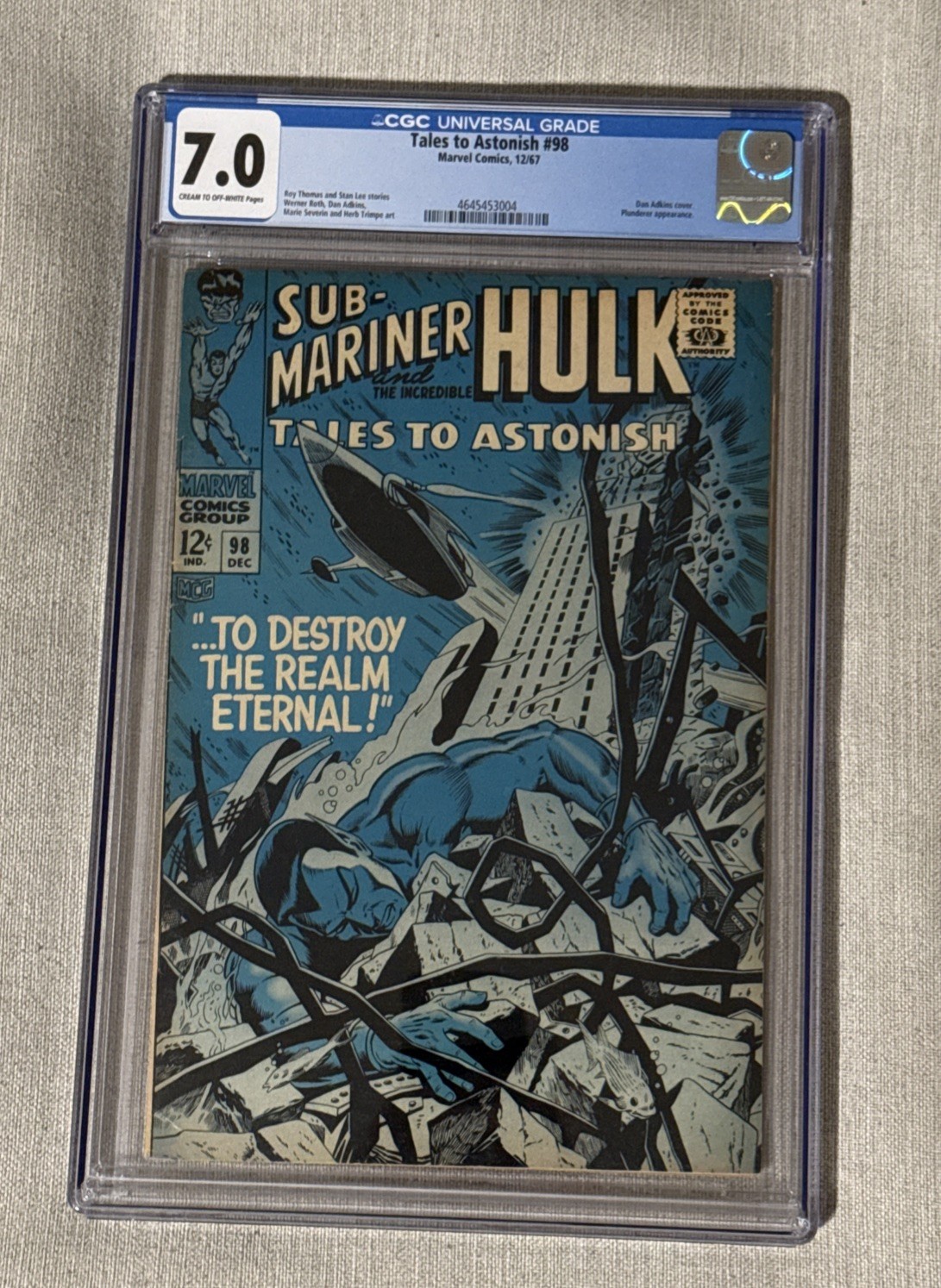 Tales to Astonish #98 CGC 7.0 (Marvel - 12/67) Hulk Sub-Mariner Off White Pages