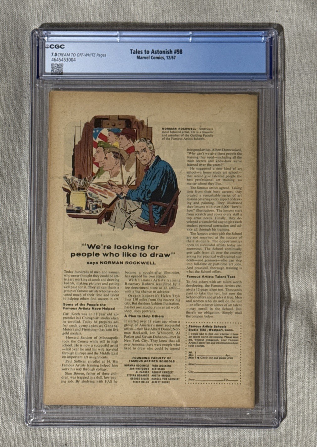 Tales to Astonish #98 CGC 7.0 (Marvel - 12/67) Hulk Sub-Mariner Off White Pages