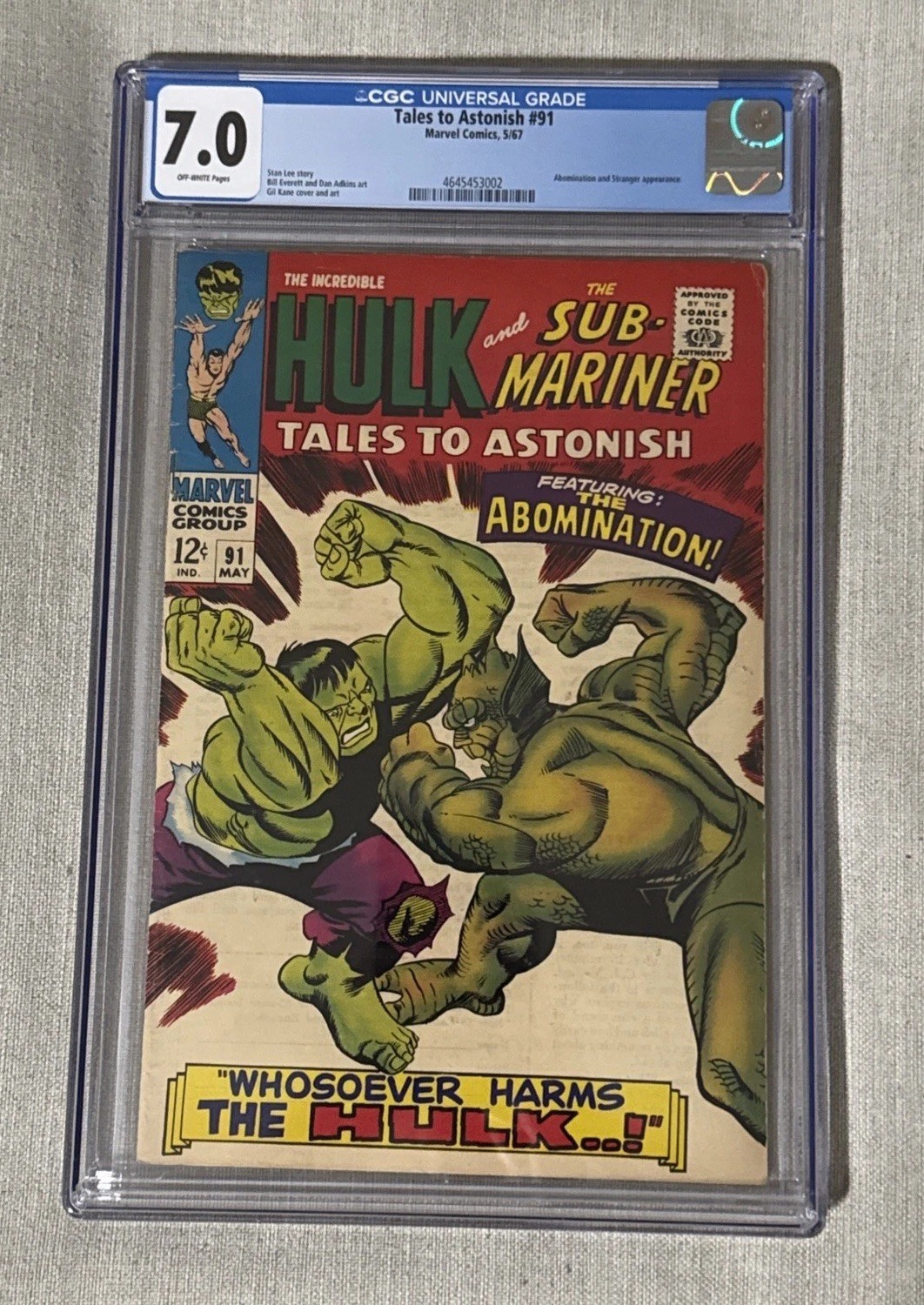 Tales to Astonish #91 CGC 7.0 Hulk vs. Abomination (2nd Appear.) 1967 Marvel