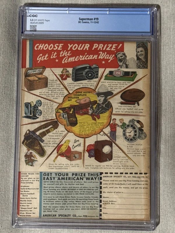 SUPERMAN #19 CGC 3.5 1942 Jerry Siegel Story Joe Shuster art Golden Age