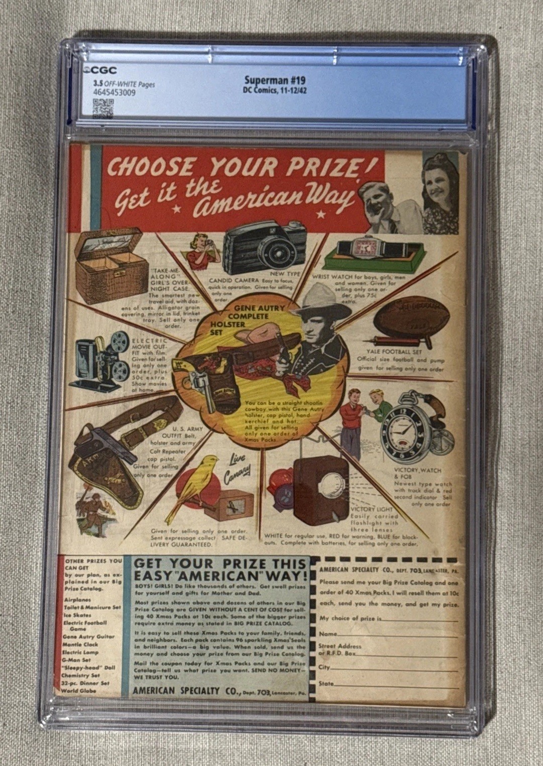 SUPERMAN #19 CGC 3.5 1942 Jerry Siegel Story Joe Shuster art Golden Age