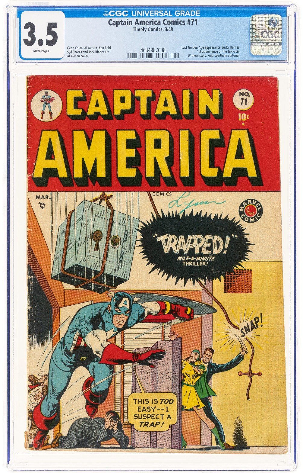 Captain America Comics #71 CGC 3.5 1949 Last Golden Age BUCKY 1st Trickster App