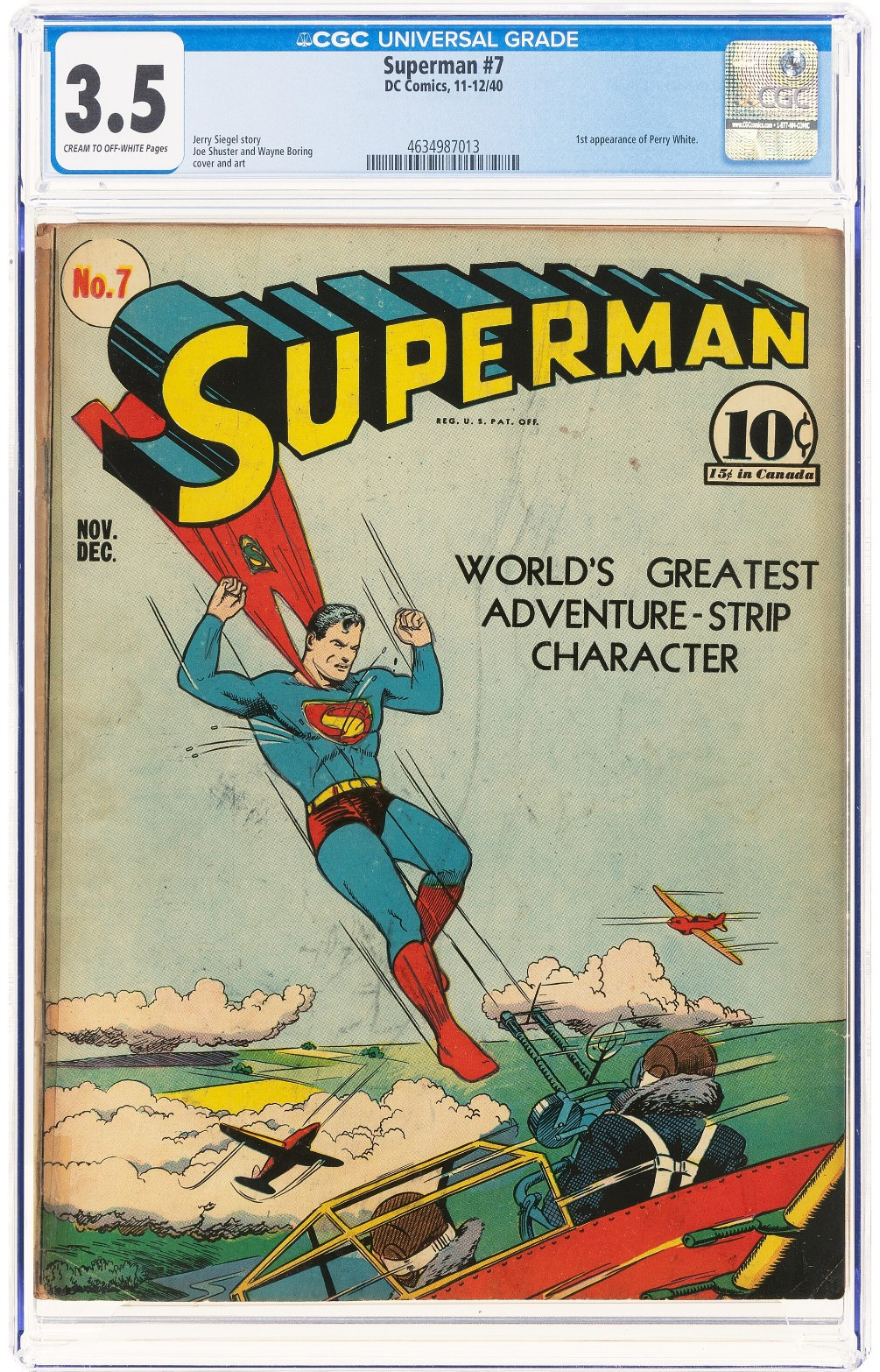 1940 DC Comics Superman #7 CGC 3.5 1st Appearance of Perry White 1st WW2 cover