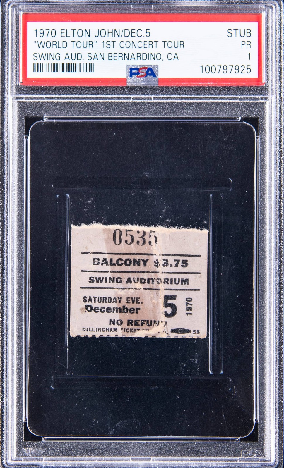 Dec. 5, 1970 Elton John "World Tour 1970" 1st Concert Tour Ticket Stub PSA POP 1