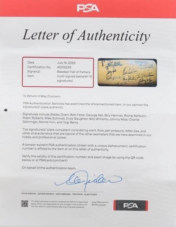 Hall Of Fame Multi Signed Baseball Bat 13 Autographs Yogi Berra, Slaughter PSA