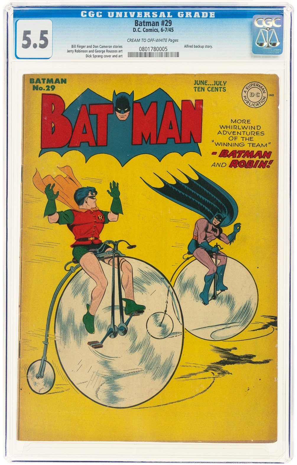 1945 DC Batman Comic # 29 CGC 5.5 FN- Alfred Backup Story - War Comic