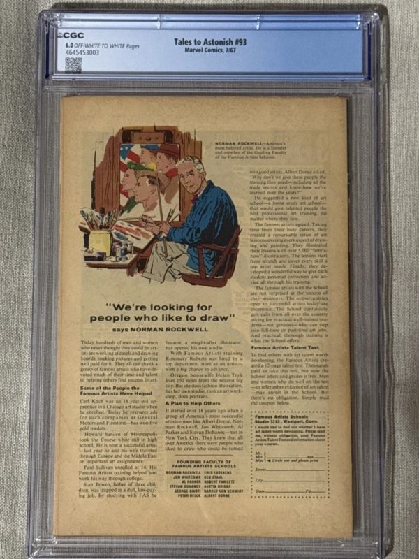 Tales to Astonish 93 CGC 6.0 1967 OFF-WHITE TO WHITE Hulk vs. Silver Surfer