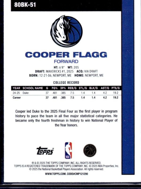 2025-26 Topps Flagship Cooper Flagg RC 45th Anniversary 80BK-51 Mavericks Rookie