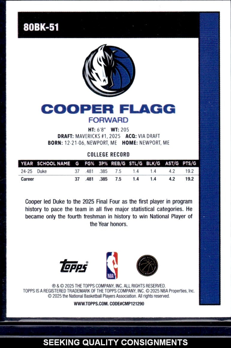 2025-26 Topps Flagship Cooper Flagg RC 45th Anniversary 80BK-51 Mavericks Rookie