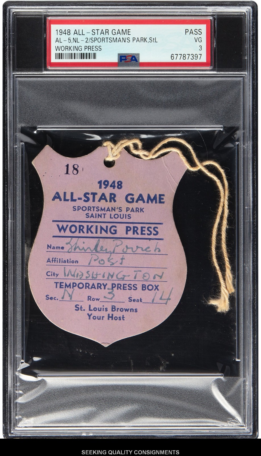 1948 Major League All-Star Game Press Pass, PSA VG 3 - POP 3 Shirley Povich