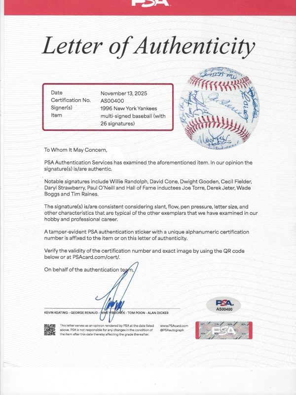 1996 New York Yankees Team Signed Baseball MLB Authentic PSA LOA 26 Autographs