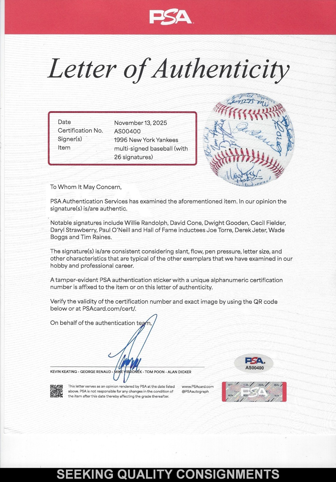 1996 New York Yankees Team Signed Baseball MLB Authentic PSA LOA 26 Autographs