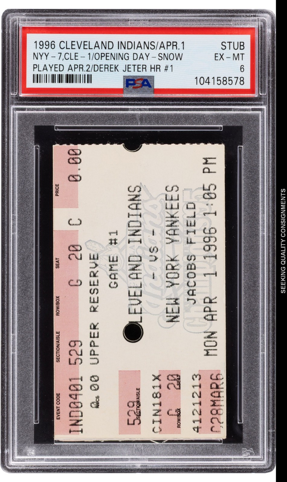 1996 New York Yankees Derek Jeter First Career Home Run Ticket Stub, PSA EX-MT 6