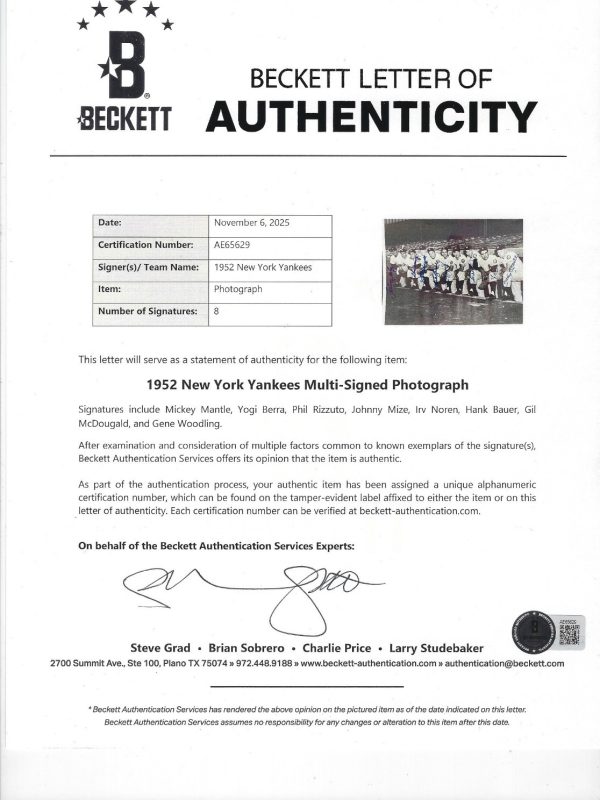 1952 New York Yankees Starters Multi-Signed Framed Photo Mantle, Berra, Mize PSA