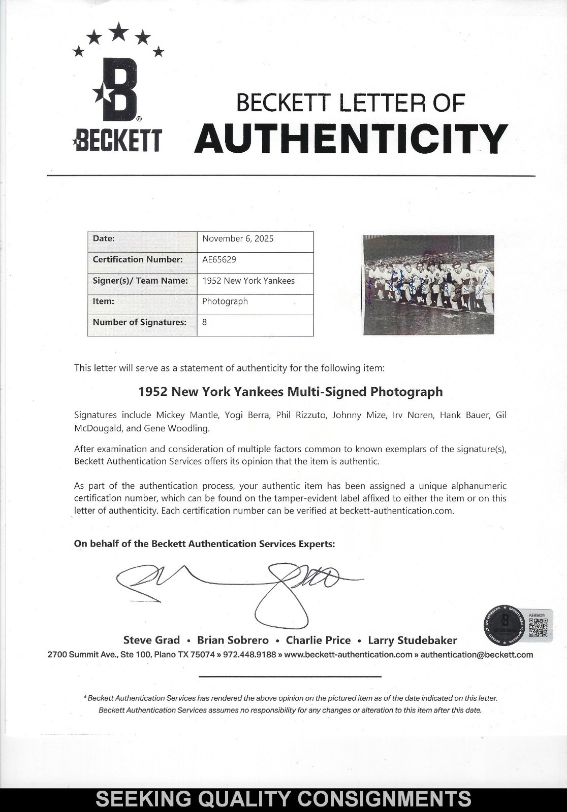 1952 New York Yankees Starters Multi-Signed Framed Photo Mantle, Berra, Mize PSA