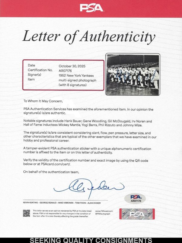 1952 New York Yankees Starters Multi-Signed Framed Photo Mantle, Berra, Mize PSA