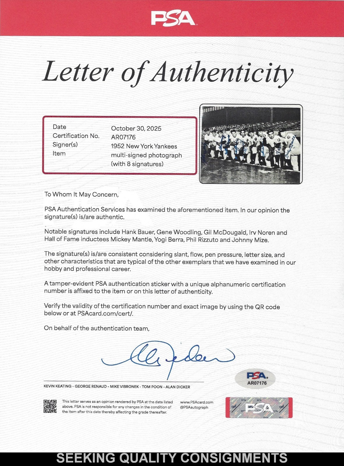 1952 New York Yankees Starters Multi-Signed Framed Photo Mantle, Berra, Mize PSA