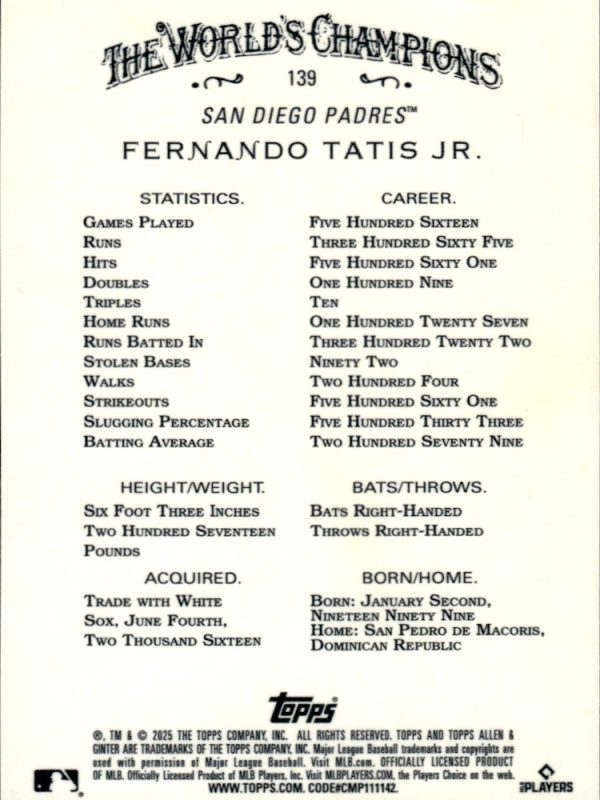 Fernando Tatis Jr 2025 Topps Allen & Ginter Chrome Silver Base