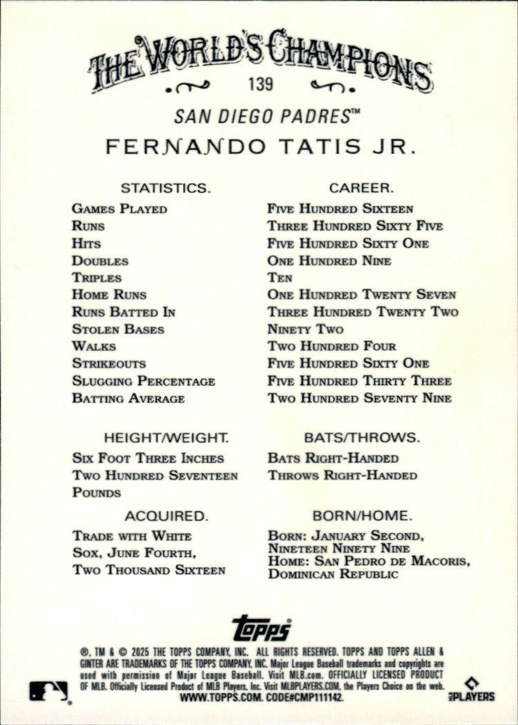 Fernando Tatis Jr 2025 Topps Allen & Ginter Chrome Silver Base