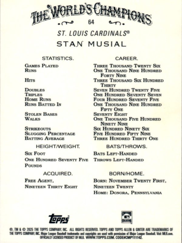 2025 Allen and Ginter Baseball, Stan Musial, #64, Silver Portrait