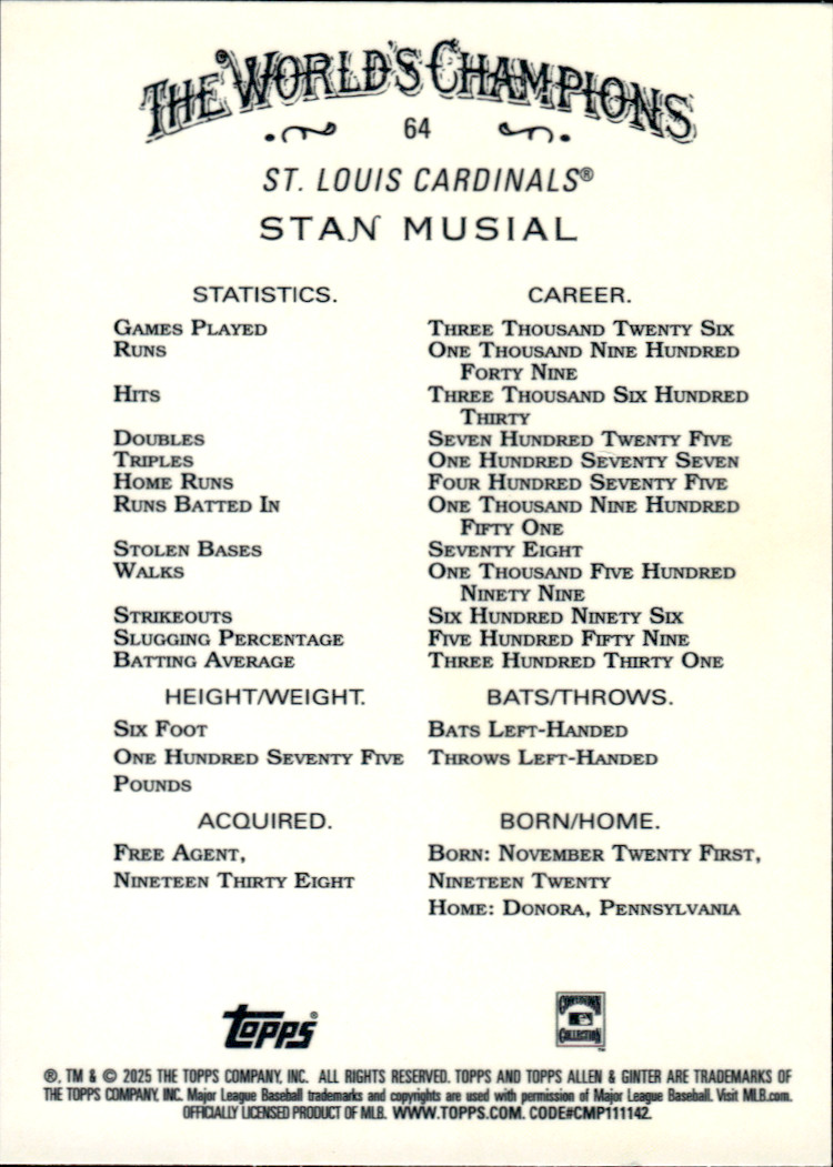 2025 Allen and Ginter Baseball, Stan Musial, #64, Silver Portrait