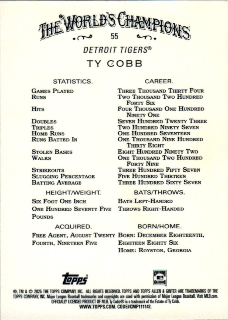 2025 Topps Allen & Ginter Ty Cobb #55 Silver Portrait Foil Detroit Tigers