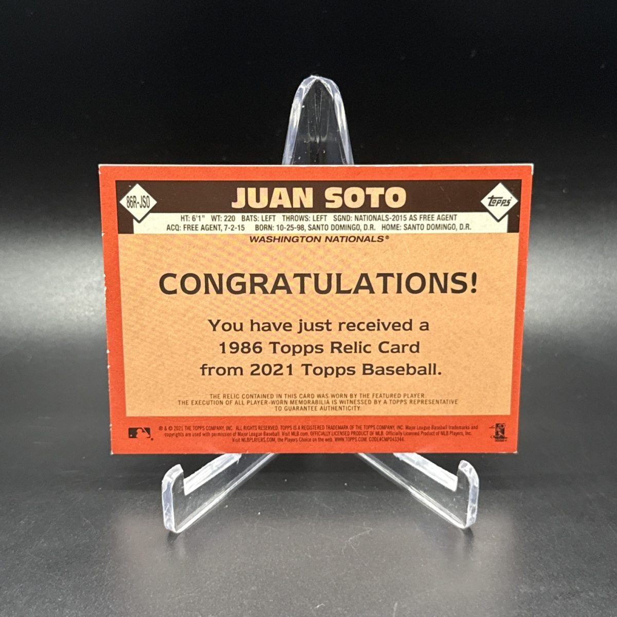 2021 Topps #86BR-JSO Juan Soto 1986 RELIC Washington Nationals