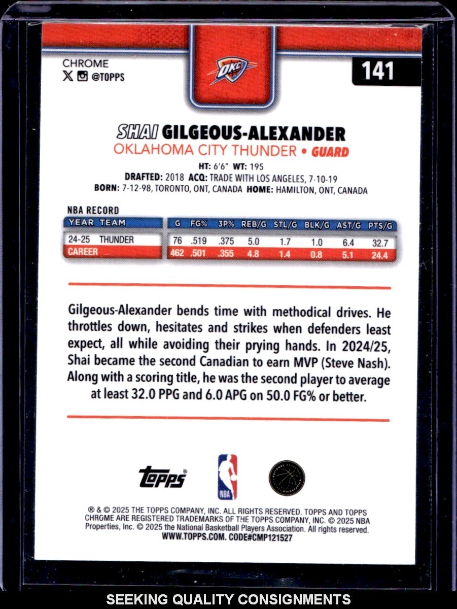 2025-26 Topps Chrome Shai Gilgeous-Alexander #142 Yellow Basketball #/275!