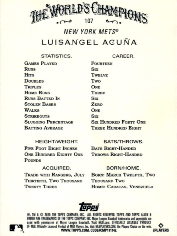 2025 Topps Allen & Ginter LUISANGEL ACUNA Silver Foil RC #107 New York Mets