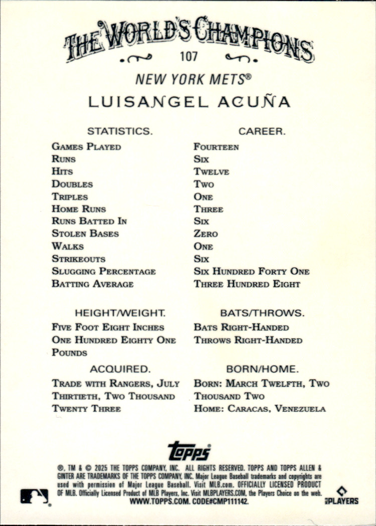 2025 Topps Allen & Ginter LUISANGEL ACUNA Silver Foil RC #107 New York Mets