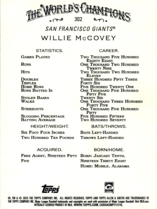 2025 Topps Allen & Ginter #302 Willie McCovey Foil Filagree San Francisco Giants