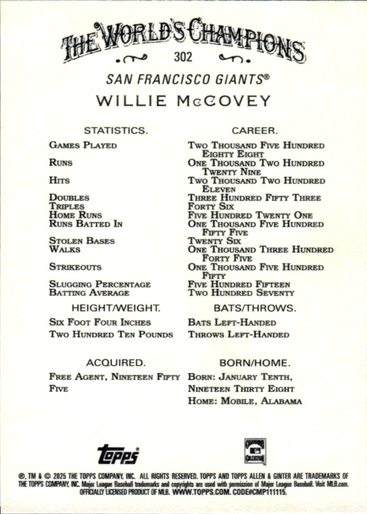 2025 Topps Allen & Ginter #302 Willie McCovey Foil Filagree San Francisco Giants