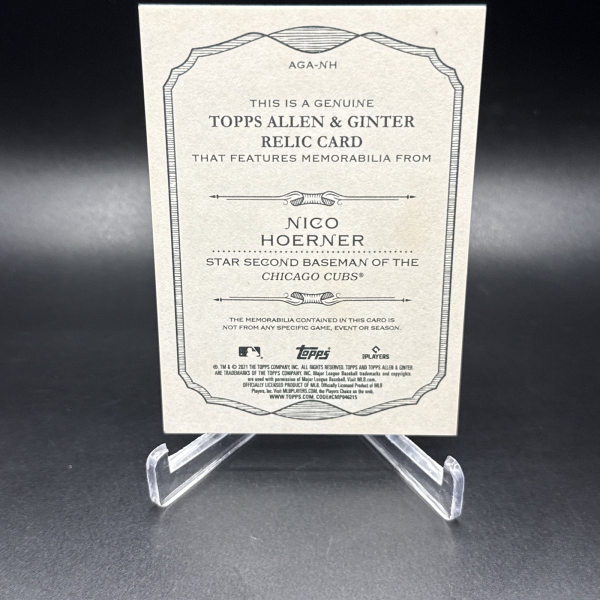 2021 Topps Allen & Ginter Game Used Memorabilia Relic Card Nico Hoerner #AGA-NH