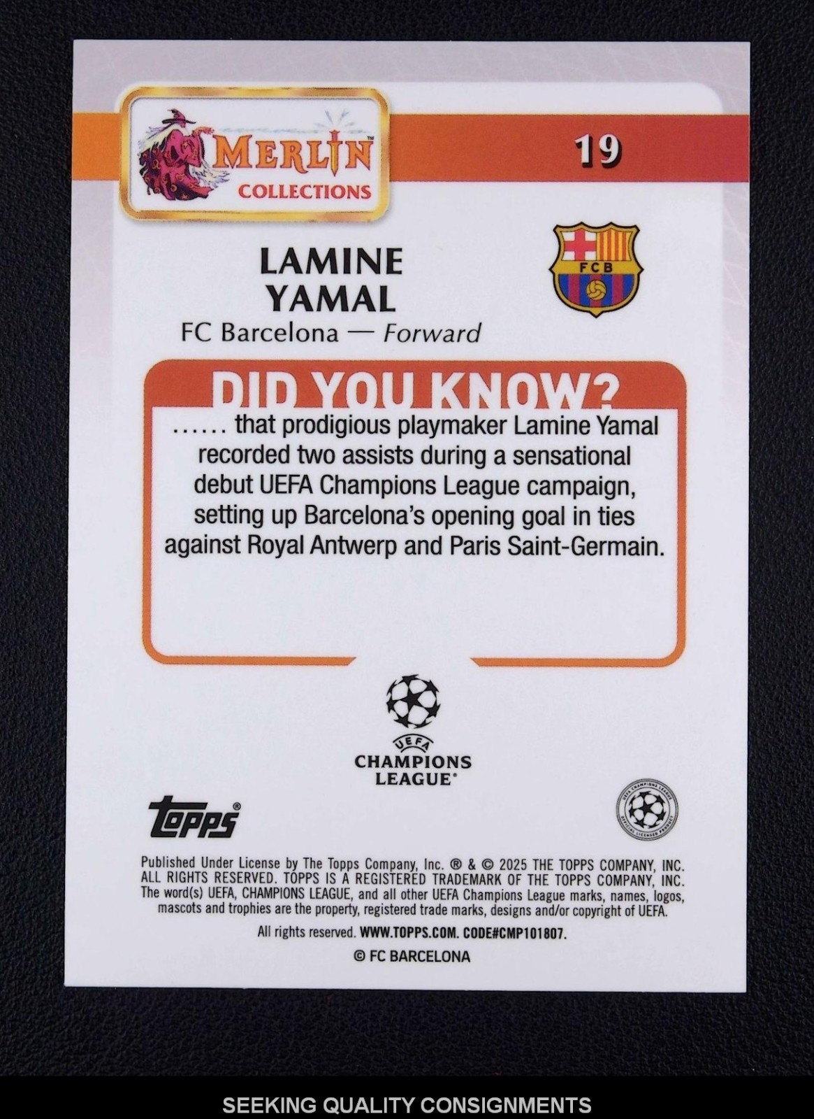 2024-25 Topps Merlin UEFA Lamine Yamal Rose Gold Refractor /250