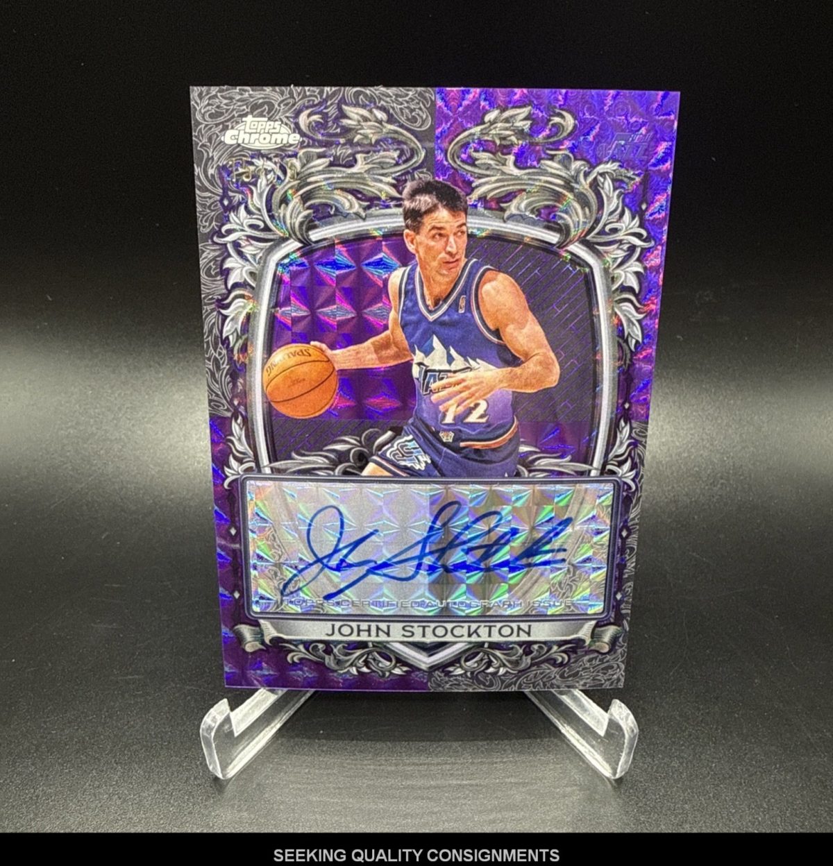 JOHN STOCKTON 2025-26 TOPPS CHROME SIGNATURE STYLE GEO PURPLE REF AUTO #/75