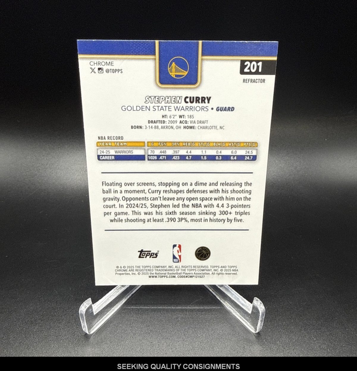 STEPHEN CURRY 2025-26 TOPPS CHROME #201 REFRACTOR WARRIORS